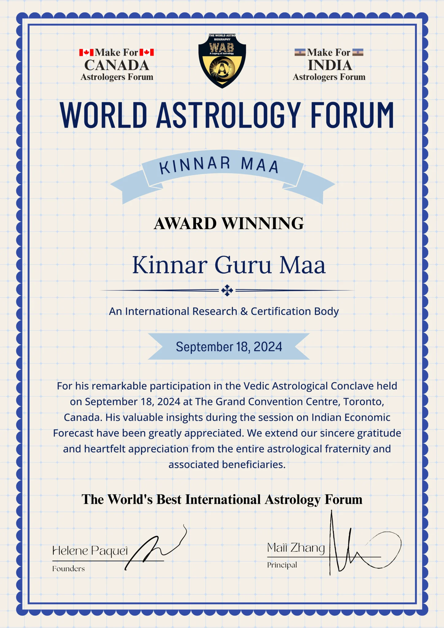 World Astrology Forum award-winning certificate