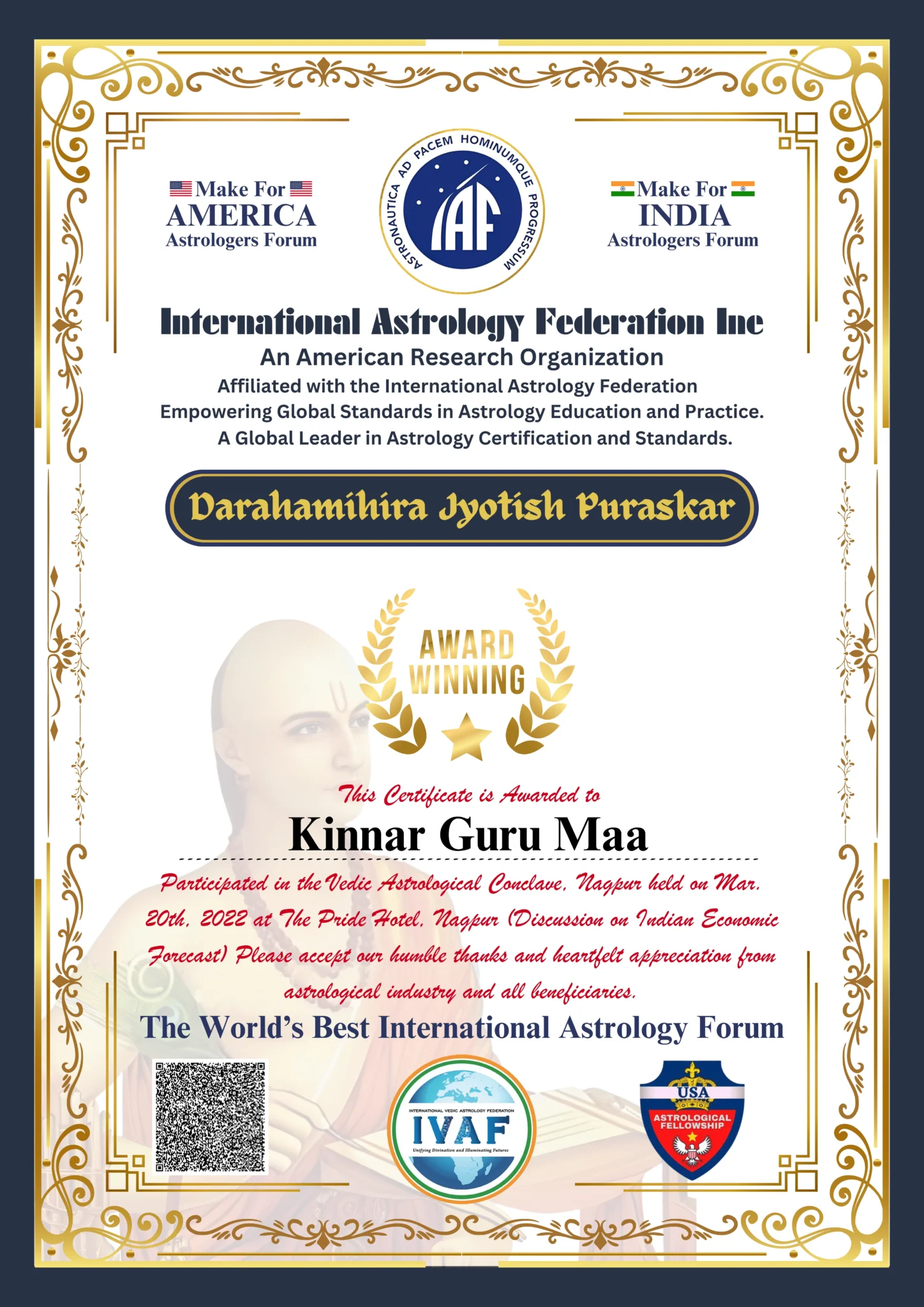 Darahamihira Jyotish Puraskar certificate from International Astrology Federation Inc.